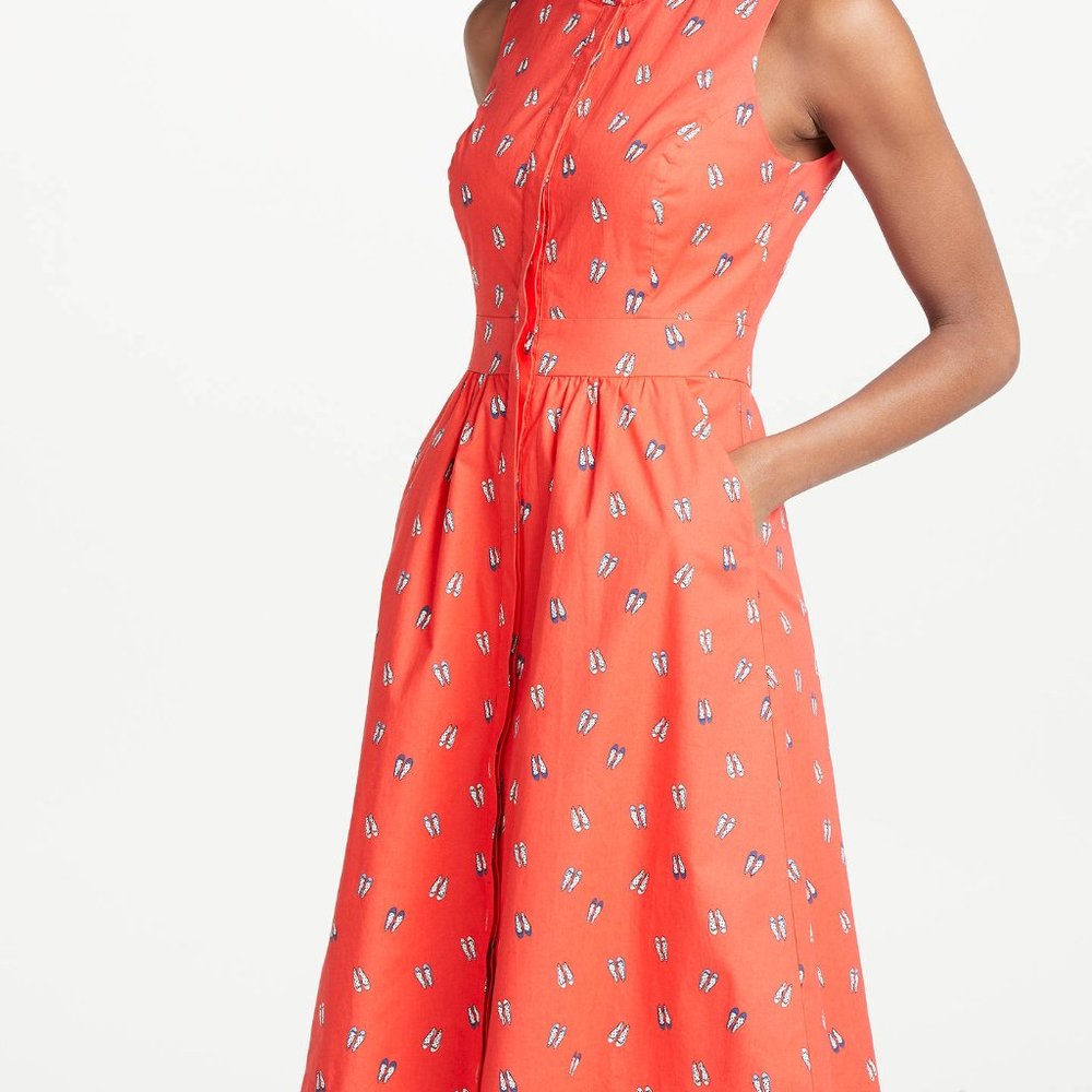 Boden Red Midi Dress with Blue and White Pattern